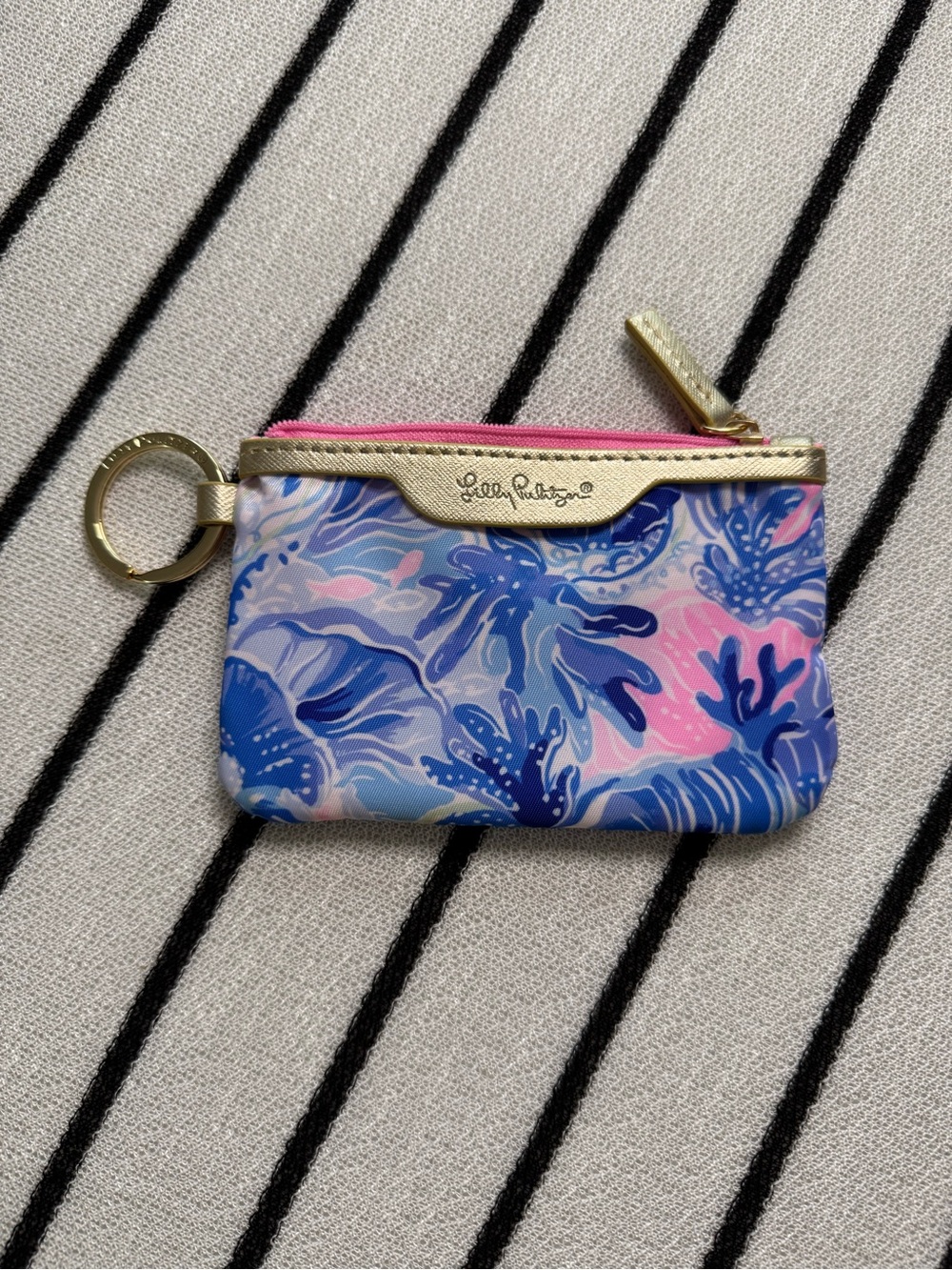 Lilly Pulitzer ID Case Key Ring Zip Pouch Wallet Blue & Pink